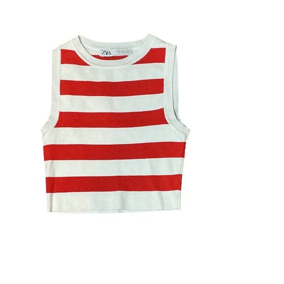 ZARA Cropped Knit Tank Top Sleeveless Stripped Light Blue/Red 2 Pc Bundle Size S - Picture 3 of 9